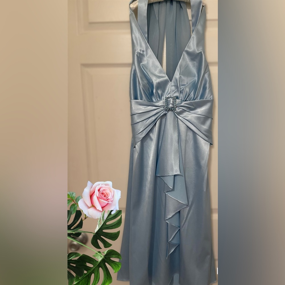 Worn ONCE Cocktail Silk Dress baby blue with blue gem broach & long silk scarf
